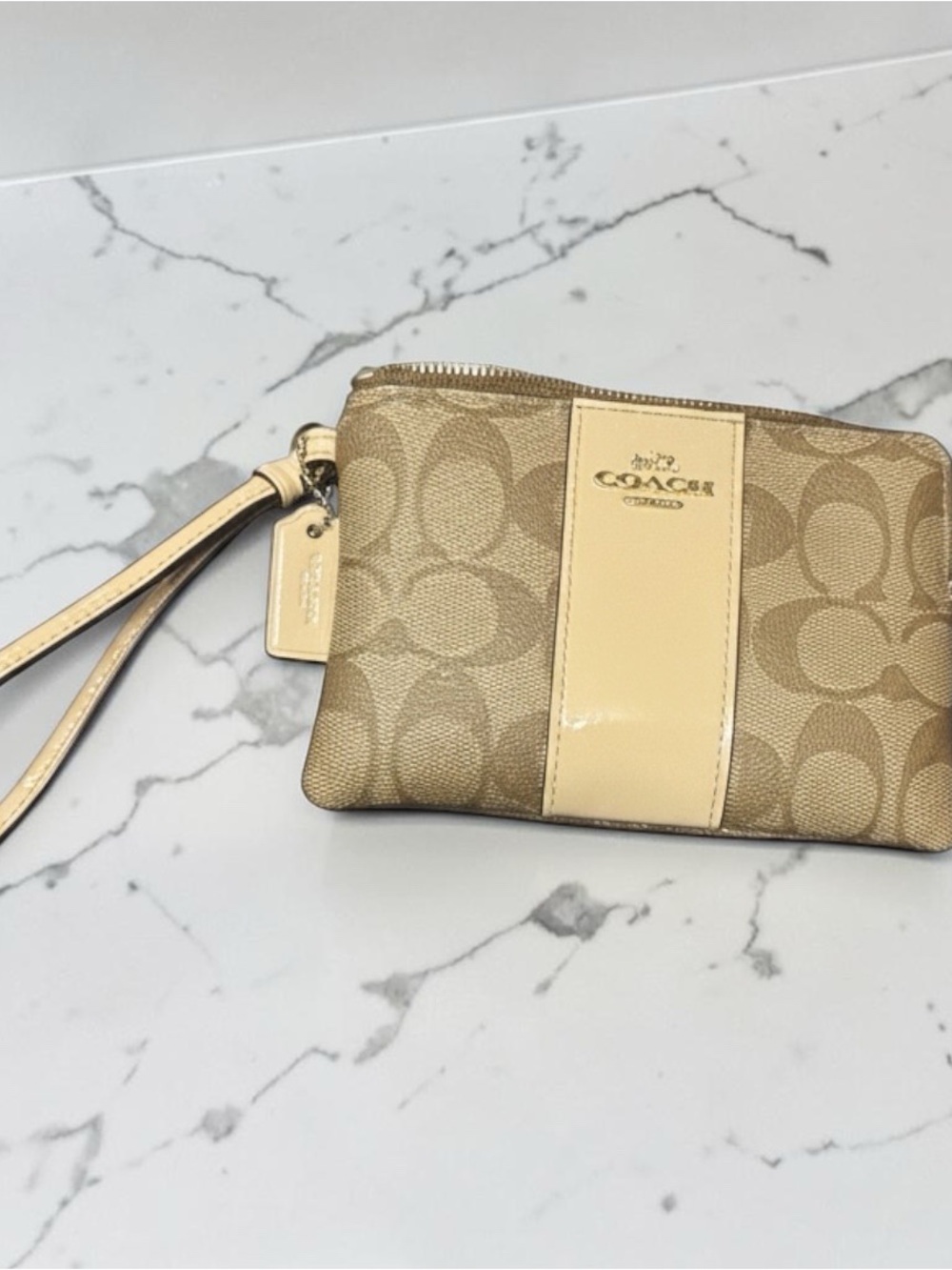 Coach Beige Signature Canvas Wristlet with Patent Center Stripe - Picture 2 of 6